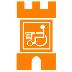 Shopmobility Ballymena logo, a castle tower with a wheelchair symbol